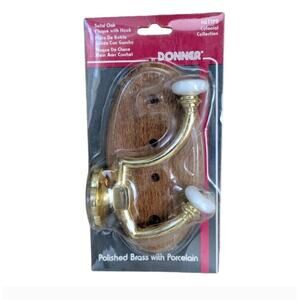 Donner Polished Brass & Porcelain Double Coat Robe Hook Oak Back Plate Colonial
